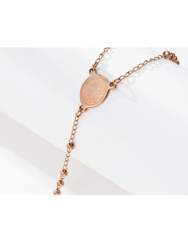 Chapelet collier en acier inoxydable finition or rose – Médaille de la Vierge & Croix – 52 cm