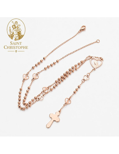 Chapelet Collier Vierge Marie Priant en acier inoxydable – Or rose – 52 cm