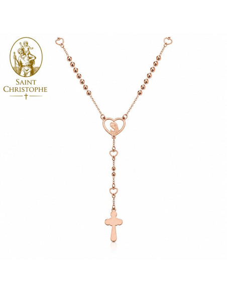 Chapelet Collier Vierge Marie Priant en acier inoxydable – Or rose – 52 cm