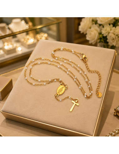 Chapelet Vierge Miraculeuse Plaqué Or 24K 60 cm | Acier Inoxydable
