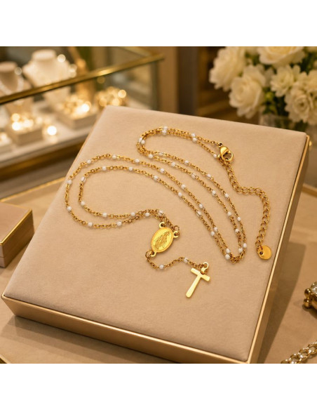Miraculous Virgin Rosary Necklace 24K Gold Plated 60 cm | Stainless Steel