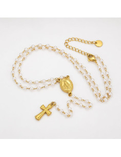 Rosary Necklace with White Beads & Miraculous Medal 24K Gold Plated 45.5 cm | Stainless Steel