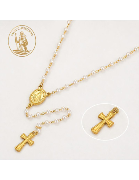 Collana Rosario con Perle Bianche e Medaglia Miracolosa Oro 24K 45,5 cm | Acciaio Inossidabile