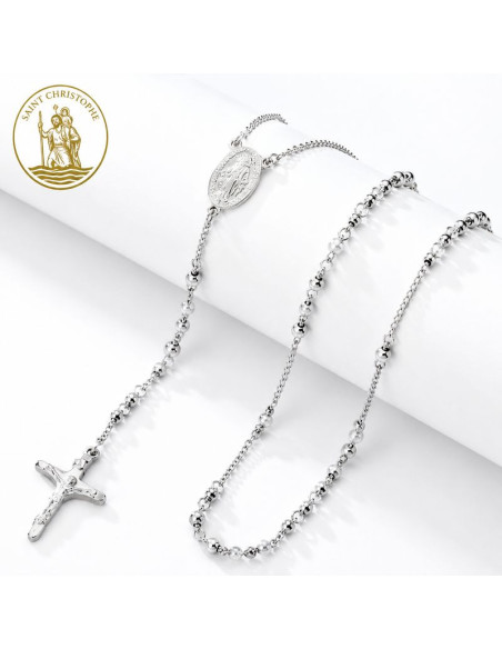 Silver Rosary Necklace with Miraculous Medal in Stainless Steel 45.5 cm | Rosary Necklace