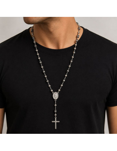 Stainless Steel Rosary Necklace 72 cm with Miraculous Medal and Cross | Saint Christophe
