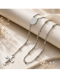 Stainless Steel Rosary Necklace 64 cm with Saint Benedict Medal and Cross | Saint Christophe