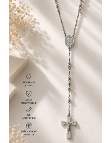 Chapelet Collier Acier Inoxydable 64 cm Saint Benoît avec Croix | Saint Christophe