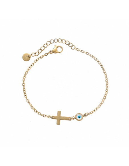 Bracelet Croix et Œil Protecteur Femme Doré 14K