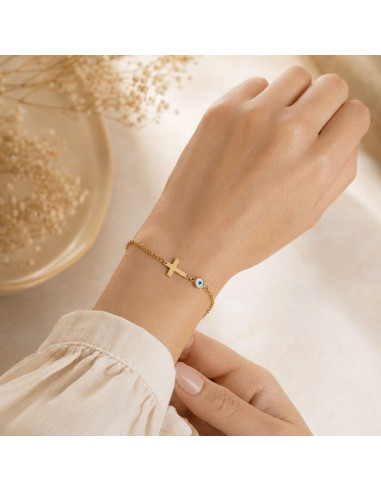 Bracelet Croix et Œil Protecteur pour Femme en Acier Inoxydable Doré 14K – 17 + 4 cm