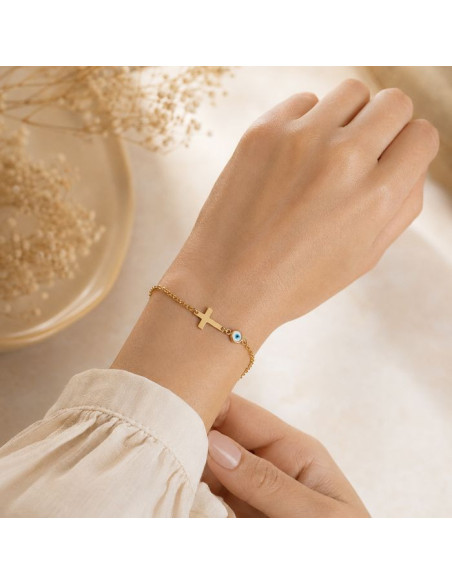 Bracelet Croix et Œil Protecteur pour Femme en Acier Inoxydable Doré 14K – 17 + 4 cm