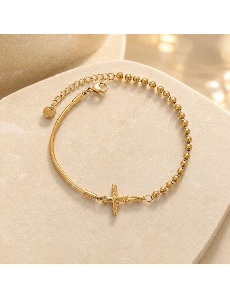 Bracelet Croix Femme Acier Inoxydable Doré 14K