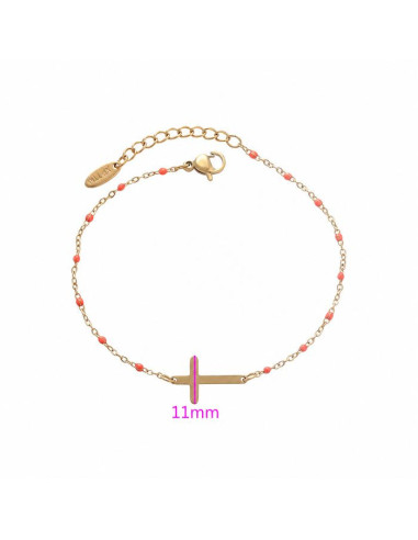 Bracelet Croix Femme Doré 14K avec Perles Corail