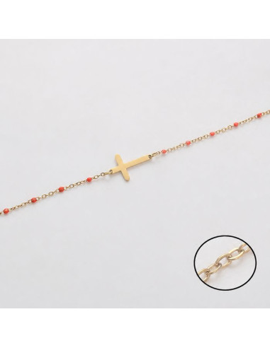 Bracelet Croix Femme Doré 14K avec Perles Corail