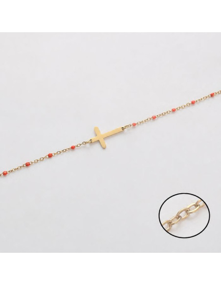 Bracciale Donna con Croce e Perline Corallo – Oro 14K