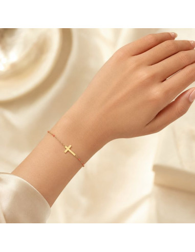 Damenarmband mit Kreuz und Korallenperlen – Goldfarben 14K