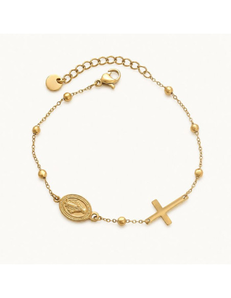 Bracciale Vergine Miracolosa Donna Dorato 14K con Croce