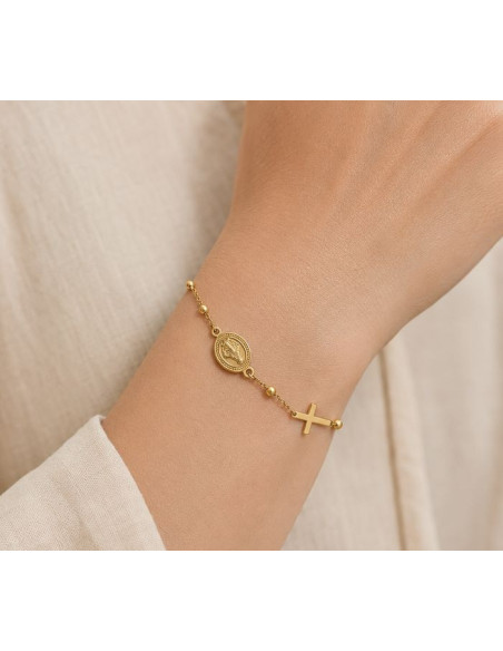 Bracelet Vierge Miraculeuse Femme Doré 14K avec Croix