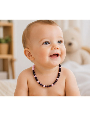 Collana Bebè Ambra Nera e Quarzo Rosa 32 cm