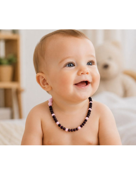 Collier Bébé Ambre Noir et Quartz Rose 32 cm | Saint Christophe