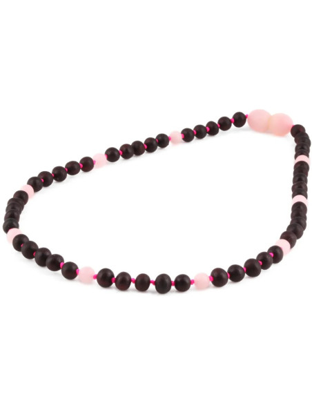 Collier de dentition pour bébé en Ambre de la Baltique & Quartz Rose – Noir Mat – 32 cm
