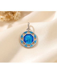 Our Lady of Lourdes Medal 925 Silver Blue Enamel 15 mm