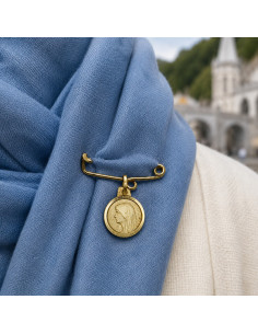 Broche médaille Vierge de Lourdes en plaqué or – Bijou marial 10 mm