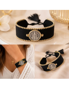 Bracelet Saint-Benoît Femme – Tissé Noir, Médaille Argentée & Perles Dorées