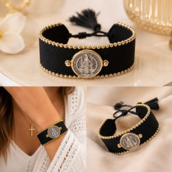 Women's Saint Benedict Bracelet – Black Woven Design, Silver-Tone Medal & Gold-Tone Beads