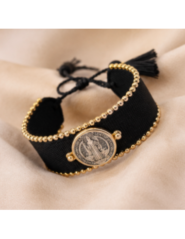 Bracelet Saint-Benoît Femme Noir – Médaille Argentée