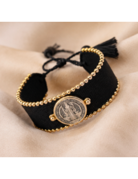 Bracelet Saint-Benoît Femme Noir – Médaille Argentée