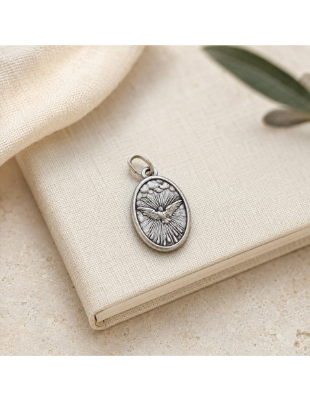 Medaglia Spirito Santo argentata a doppia faccia – Pray for Us, 10 × 22 mm