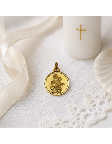 Medalla Virgen con el Niño chapada en oro – Colgante religioso de 17 mm