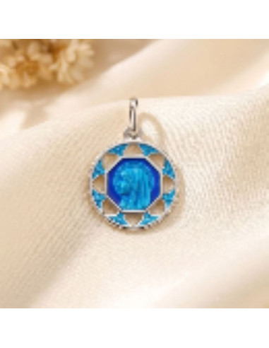 Médaille Vierge Marie de Lourdes – Argent 925 – Émail bleu – 15 mm