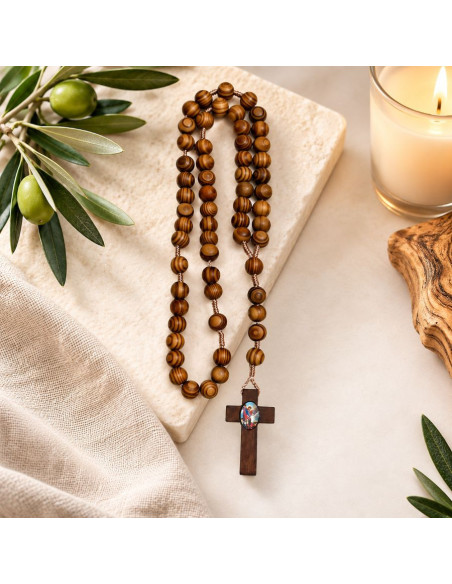 Saint Michael the Archangel Chaplet in Natural Olive Wood – 9 mm Beads