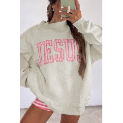 Sweat femme gris JESUS rose – Coupe oversize