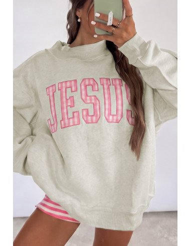Sweat femme gris JESUS rose – Coupe oversize