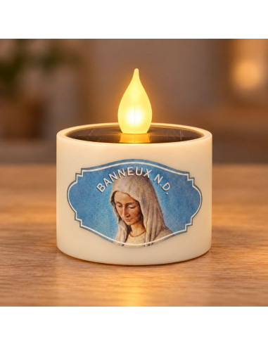 Solar-LED-Kerze Unsere Liebe Frau von Banneux – Jungfrau der Armen – Gelbes Flackerlicht
