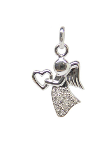 Rhinestone Angel Pendant Holding a Heart - 925 Silver