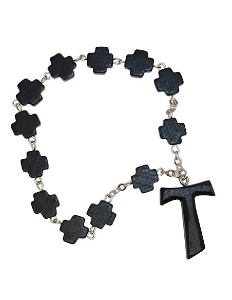 Zehner-Rosenkranz mit schwarzen Holzkreuzen und TAU-Kreuz