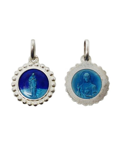 Maagdelijke medaille van de armen van Banneux N.D. - Heilig Hart van Jezus geëmailleerd blauw - Zilver 925