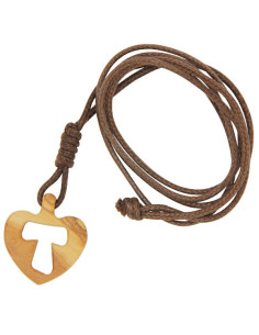 Collier pendentif cœur croix Tau en bois d'olivier
