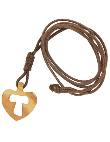 Necklace with cross heart Tau in olive wood