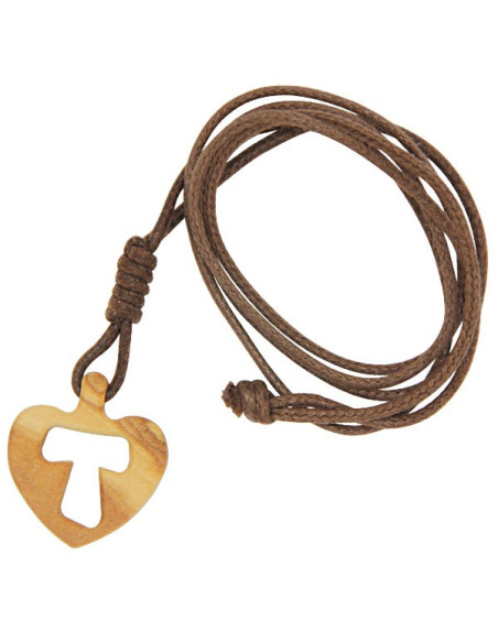 Necklace with cross heart Tau in olive wood