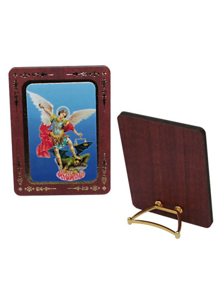 Sint-Michaël MDF-houten kader met gouddecor en staander – 8 × 6 cm