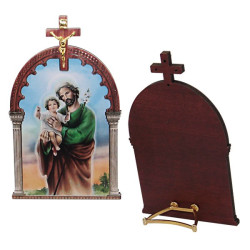 Heiliger Josef mit Jesuskind: Holzrahmen mit Kruzifix – 7 × 11 cm