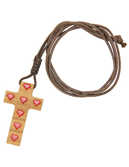 Croce in legno d'ulivo con cuori rossi e cordoncino