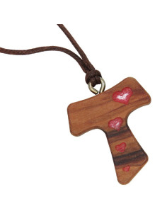 necklace pendant cross Tau with red hearts in olive wood