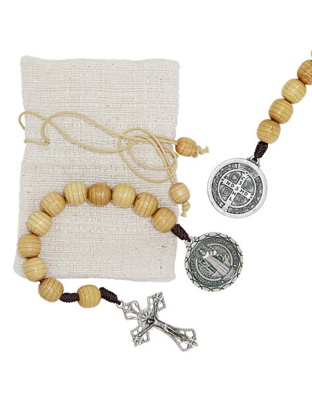 Decade Rosary with Saint Benedict Medal – Natural Wood and Fabric Pouch