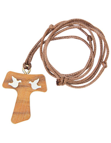Collar con la cruz TAU palomas de madera de olivo
