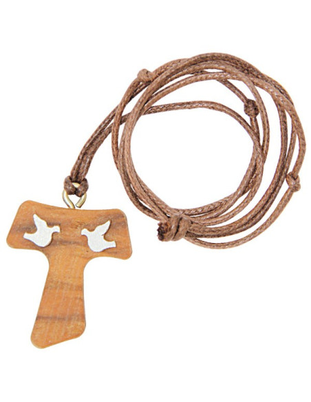 Halskette mit Kreuz TAU Tauben Olivenholz